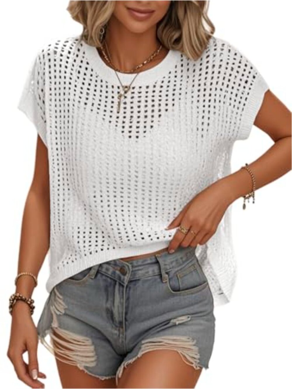 Women's Crochet Sweater Vest Cap Sleeve Hollow Out Knit Summer Top